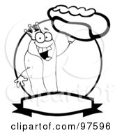 Black And White King Hot Dog Holding Up A Garnished Hot Dog Over A Circle And Blank Text Box