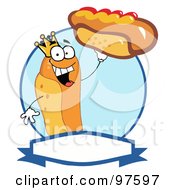 King Hot Dog Holding Up A Garnished Hot Dog Over A Blue Circle And Blank Text Box