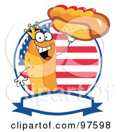 King Hot Dog Holding Up A Garnished Hot Dog Over An American Circle And Blank Text Box