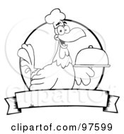 Royalty Free RF Clipart Illustration Of An Outlined Rooster Chef Serving A Platter Over A Circle And Blank Banner