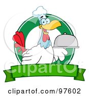 Poster, Art Print Of Rooster Chef Serving A Platter Over A Circle And Blank Green Banner