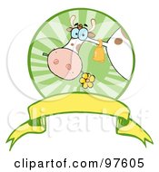 Poster, Art Print Of Dairy Farm Cow Eating A Flower In A Circle Over A Blank Banner