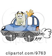 Poster, Art Print Of Light Switch Mascot Cartoon Character Driving A Blue Car And Waving