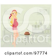 Blond Pregnant Woman Standing By A Cake On A Table