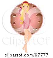 Pretty Blond Pregnant Woman In A Pink Dress Winking And Standing In Front Of A Dessert Circle