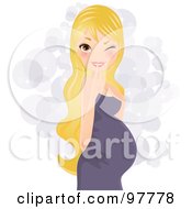 Poster, Art Print Of Pretty Blond Pregnant Woman In A Purple Dress Winking And Touching Her Lips