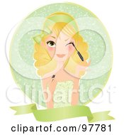 Beautiful Blond Woman In A Green Dress Applying Mascara Over A Circle And Blank Banner