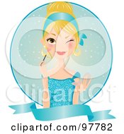 Beautiful Blond Woman In A Blue Dress Applying Blush Over A Circle And Blank Banner