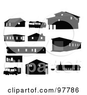 Royalty Free RF Clipart Illustration Of A Digital Collage Of Black Silhouetted Structures And Motorhomes