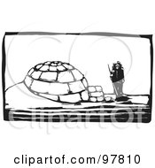 Poster, Art Print Of Wood Engraved Styled Scene Of A Man Standing By An Igloo