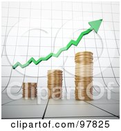 Poster, Art Print Of 3d Gold Coin Bar Graph With A Green Arrow On A Graph