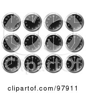 Digital Collage Of Shiny Black Office Wall Clocks At Different Times