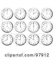 Royalty Free RF Clipart Illustration Of A Digital Collage Of Shiny White Office Wall Clocks At Different Times by michaeltravers