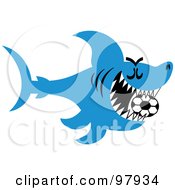 Royalty Free RF Clipart Illustration Of A Blue Soccer Shark Swimming With A Ball In His Mouth by Zooco #COLLC97934-0152