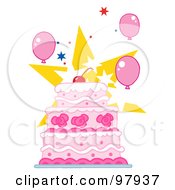 Royalty Free RF Clipart Illustration Of A Cherry Topped Triple Tiered Cake With Pink And White Frosting Balloons And Stars