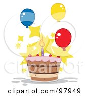 Royalty Free RF Clip Art Illustration Of A Tiered Birthday Cake With One Candle Balloons And Stars