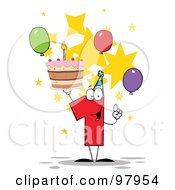 Poster, Art Print Of Number One Holding Up A First Birthday Cake With Balloons And Stars