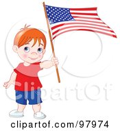 Poster, Art Print Of Red Haired American Boy Holding An American Flag