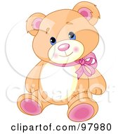 Poster, Art Print Of Adorable Teddy Bear With Pink Feet And Ears Wearing A Red Ribbon
