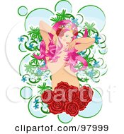 Beautiful Nude Pink Haired Woman With Roses And Bubbles