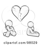 Sketched Design Mascot Man And Woman Under A Broken Heart
