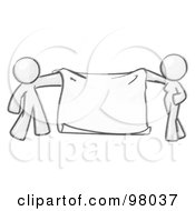 Sketched Design Mascot Man And Woman Holding A Blank Banner