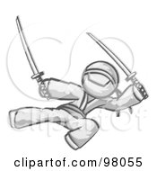 Royalty Free RF Clipart Illustration Of A Sketched Design Mascot Man Ninja Kicking And Jumping With Swords