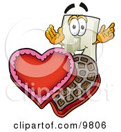 Light Switch Mascot Cartoon Character With An Open Box Of Valentines Day Chocolate Candies