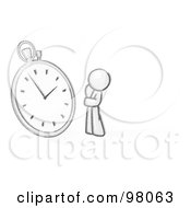 Sketched Design Mascot Man Worried And Watching A Clock