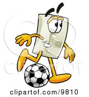 Clipart Picture Of A Light Switch Mascot Cartoon Character Kicking A Soccer Ball