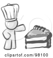 Poster, Art Print Of Sketched Design Mascot Chef Man Wearing A White Hat And Presenting A Tasty Slice Of Frosted Cake