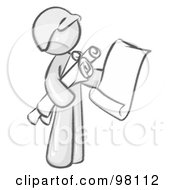 Royalty Free RF Clipart Illustration Of A Sketched Design Mascot Man Architect Carrying Rolled Blue Prints And Plans