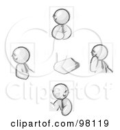 Poster, Art Print Of Sketched Design Mascots Holding A Phone Meeting And Wearing Wireless Bluetooth Headsets
