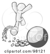 Royalty Free RF Clipart Illustration Of A Sketched Design Mascot Man Jumping For Joy After Breaking Free From The Ball And Chain by Leo Blanchette