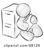 Royalty Free RF Clipart Illustration Of A Sketched Design Mascot Man Sitting By A Filing Cabinet And Holding A Folder by Leo Blanchette