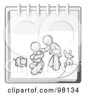 Poster, Art Print Of Sketched Design Mascot Family Showing A Man Kneeling Beside His Wife And Newborn Baby With Their Dog And Cat On A Notebook