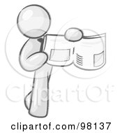 Royalty Free RF Clipart Illustration Of A Sketched Design Mascot Man Holding Up A Newspaper And Pointing To An Article