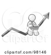 Royalty Free RF Clipart Illustration Of A Sketched Design Mascot Man Conducting Business On A Laptop Computer On An Arrow Moving Upwards In Front Of A Bar Graph