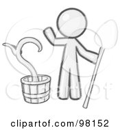 Royalty Free RF Clipart Illustration Of A Sketched Design Mascot Man Holding A Shovel By A Potted Plant