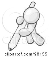 Royalty Free RF Clipart Illustration Of A Sketched Design Mascot Man Using All Of His Strength To Hold Up And Write With A Giant Pencil