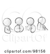 Royalty Free RF Clipart Illustration Of Sketched Design Mascot Men Wearing Headsets And Having A Discussion During A Phone Meeting