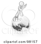 Royalty Free RF Clipart Illustration Of A Sketched Design Mascot Man Using A Wet Mop With Green Cleaning Products To Clean Up The Environment Of Planet Earth by Leo Blanchette