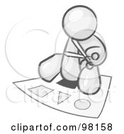 Royalty Free RF Clipart Illustration Of A Sketched Design Mascot Holding A Pair Of Scissors And Sitting On A Large Poster Board With Shapes
