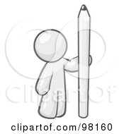 Royalty Free RF Clipart Illustration Of A Sketched Design Mascot Man Holding Up And Standing Beside A Large Pencil