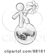 Royalty Free RF Clipart Illustration Of A Sketched Design Mascot Man Standing On The Earth And Holding A Daisy