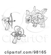 Poster, Art Print Of Sketched Design Mascot Men One Using A Bow And Arrow The Other Using A Shield And Sword Working Together To Fight Off A Dragon