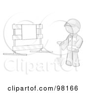 Sketched Design Mascot Man Construction Worker In A Yellow Vest And Hardhat Holding A Shovel And Standing By A Road Block Sign