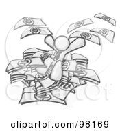 Royalty Free RF Clipart Illustration Of A Sketched Design Mascot Business Man Jumping In A Pile Of Money And Throwing Cash Into The Air Winning The Lottery Success Or Other Financial Concepts