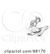 Royalty Free RF Clipart Illustration Of A Sketched Design Mascot Man Character Sitting On A Magic Carpet Flying Through The Air And Holding Up A Sword by Leo Blanchette