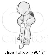Royalty Free RF Clipart Illustration Of A Sketched Design Mascot Construction Worker Man Wearing A Hardhat And Operating A Jackhammer While Doing Road Work by Leo Blanchette
